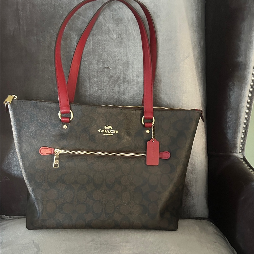 Coach Dark Brown and Red Tote Bag